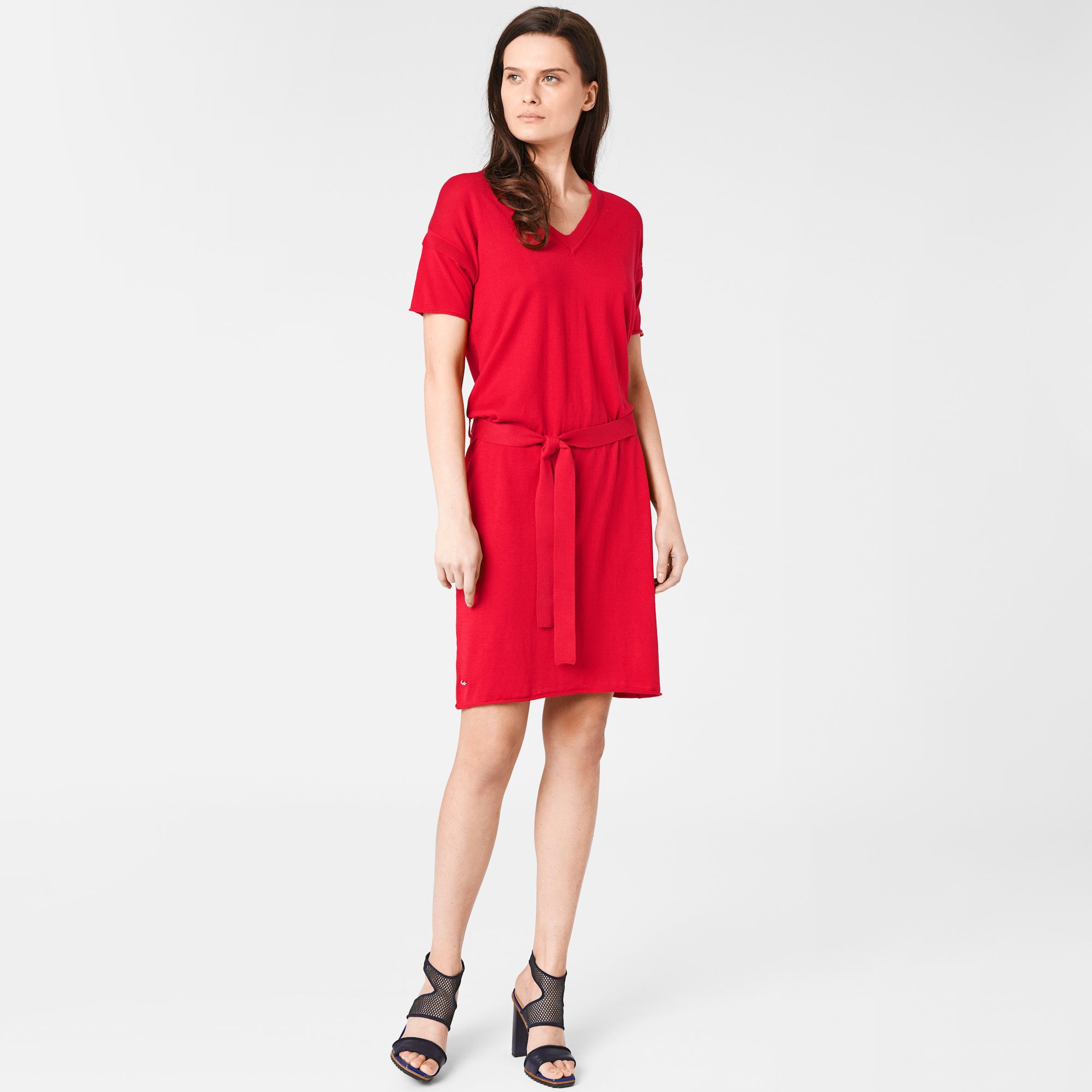 Lacoste V-neck belted dress in cotton and silk Women